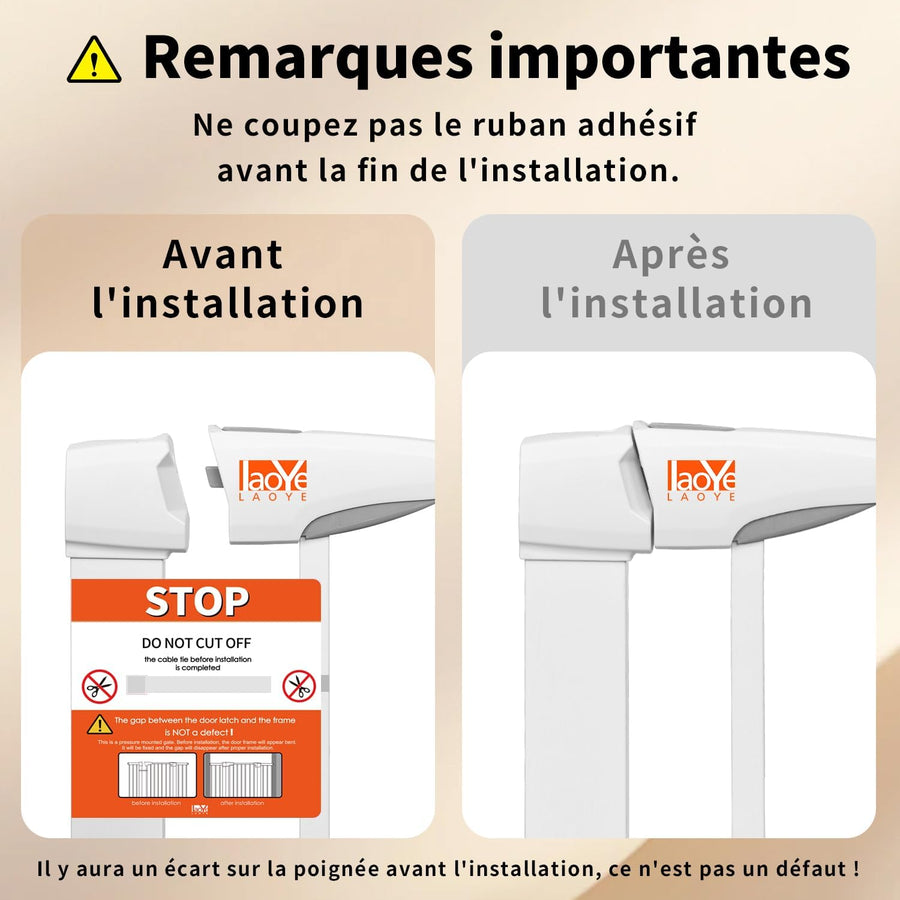 Barriere de Securite Enfant, sans perçage, Extra Haute, 92 cm de Hauteur, 75 à 124 cm de Large, avec 3 rallonges, pour Enfants, Chiens et Chats, Fermeture Automatique et arrêt à 90° BLANC