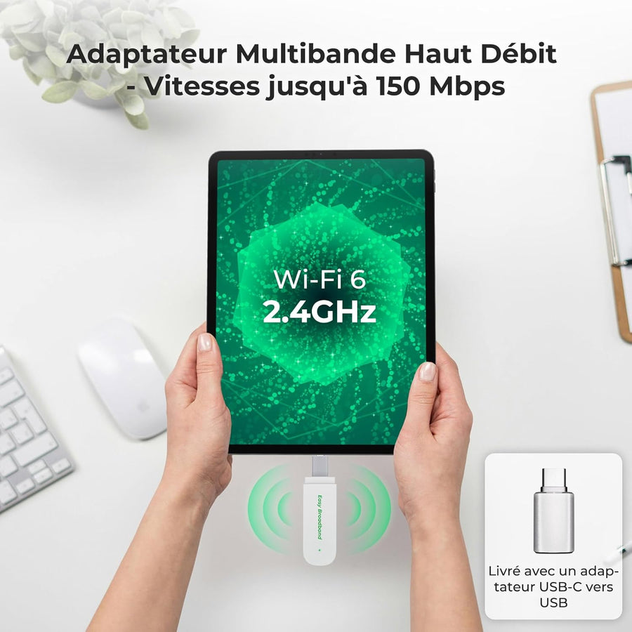 Internet mobile 4G LTE Clé de surf avec WiFi 6, 150 Mbit/s, dongle USB WLAN Hotspot pour ordinateur portable/PC, Plug & Play, SIM préinstallée