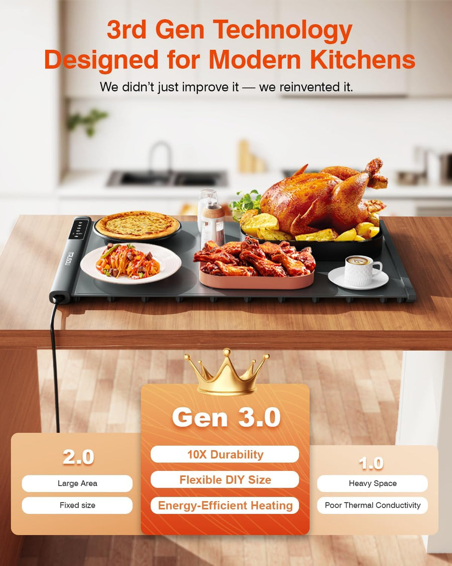 Plaque Chauffante pour Aliments, Tapis Chauffant Électrique Enroulable Extensible avec 7 Températures, Minuteur 99H, Affichage ℃/℉, Idéal Réchaud Buffet, Repas, Réceptions Garder au Chaud