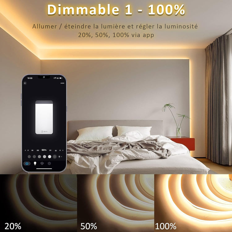 Ruban LED COB 10m 384led Blanc Chaud 3000K WiFi 24V App Contrôle Compatible Assistant Vocaux