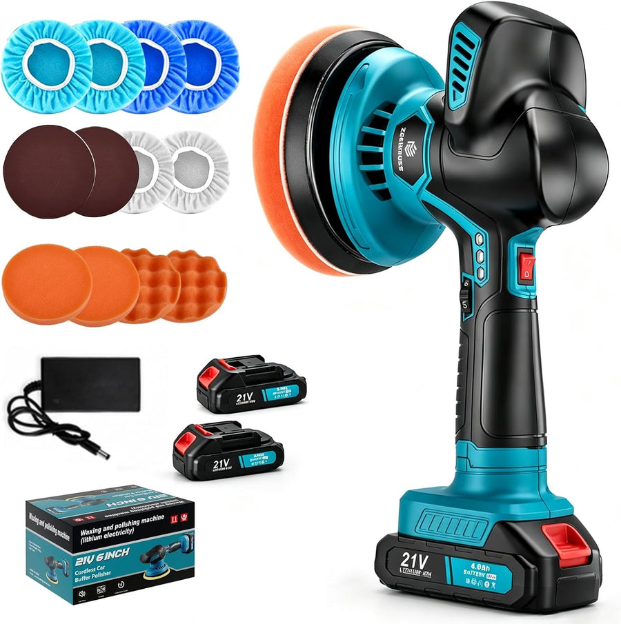 Polisseuse Voiture Sans Fil Excentrique 150mm 6 Vitesse Réglable 6000 U/min Lustreuse Polisseuse Voiture avec 2x21V 3000mAh Batteries, Polisseuse Carrosserie Compatible Makita pour Detailing et Phares