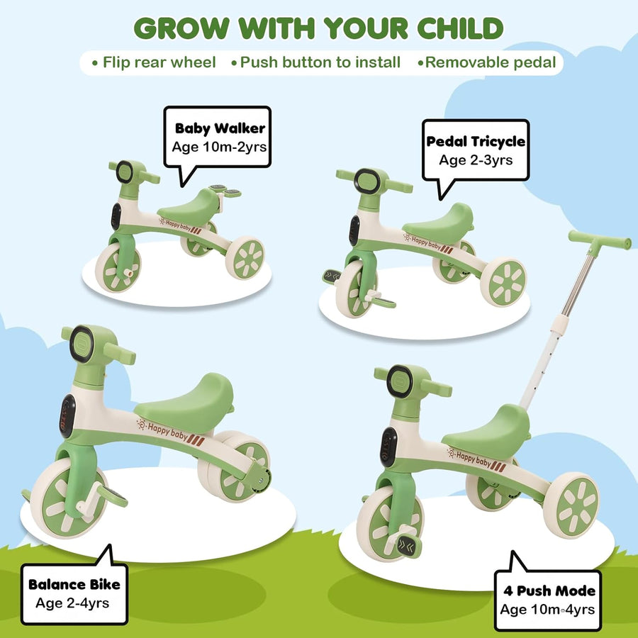 Tricycle Évolutif 4en1 Bébé Vélo Draisienne,Tricycle Bébé Évolutif avec Pédales Amovibles et Barres de Poussée Réglables en Hauteur,Vélo d’Équilibre