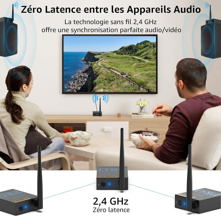 Émetteur Récepteur Audio Sans Fil 3-en-1, Transmission 2,4 GHz, Faible Latence, HiFi Musique depuis TV/PC vers Subwoofer/Haut-Parleur Actif/Amplificateur, Connexions Optique/Coaxiale/3,5 mm/RCA