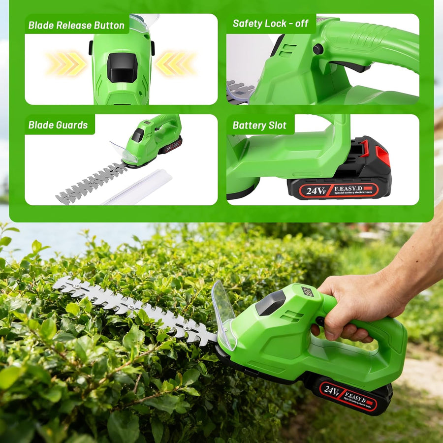 Sécateur à gazon et à arbustes sans fil 2 en 1 21 V avec tondeuse à arbustes de 19 cm, lame à gazon 10 cm, 25 000 tr/min, 2 batteries 1,5 Ah, chargeur, autonomie env. 60 min, pour jardin et pelouse