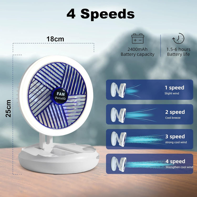 Ventilateur de Table avec Lumière LED Réglable 4 Vitesses Pliable et Suspendu 360 ° Rotation