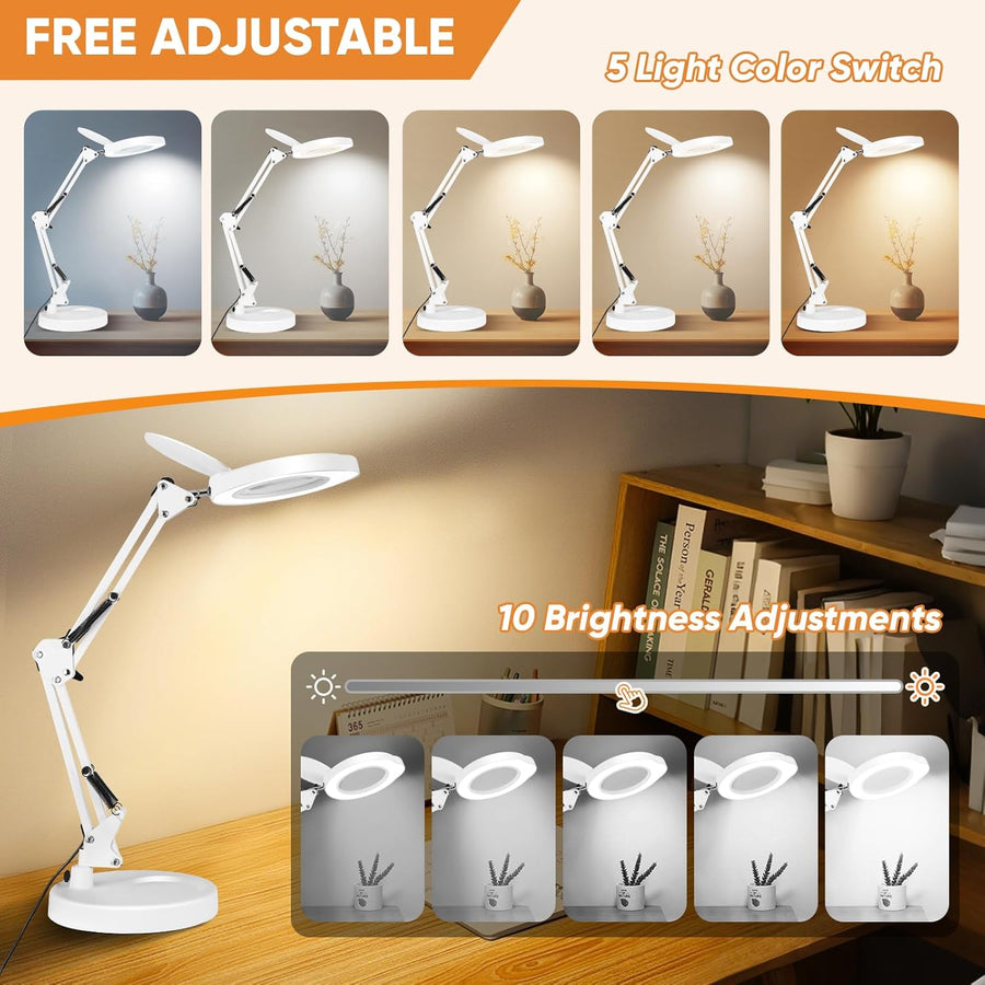 Lampe Loupe 15X, 2-in-1 Lampe de Bureau Loupe Eclairante avec Base et Pince, 5 Modes de Couleur, Gradation en continu, Lampe Loupe LED avec Rotation à 360° Bras Pivotant