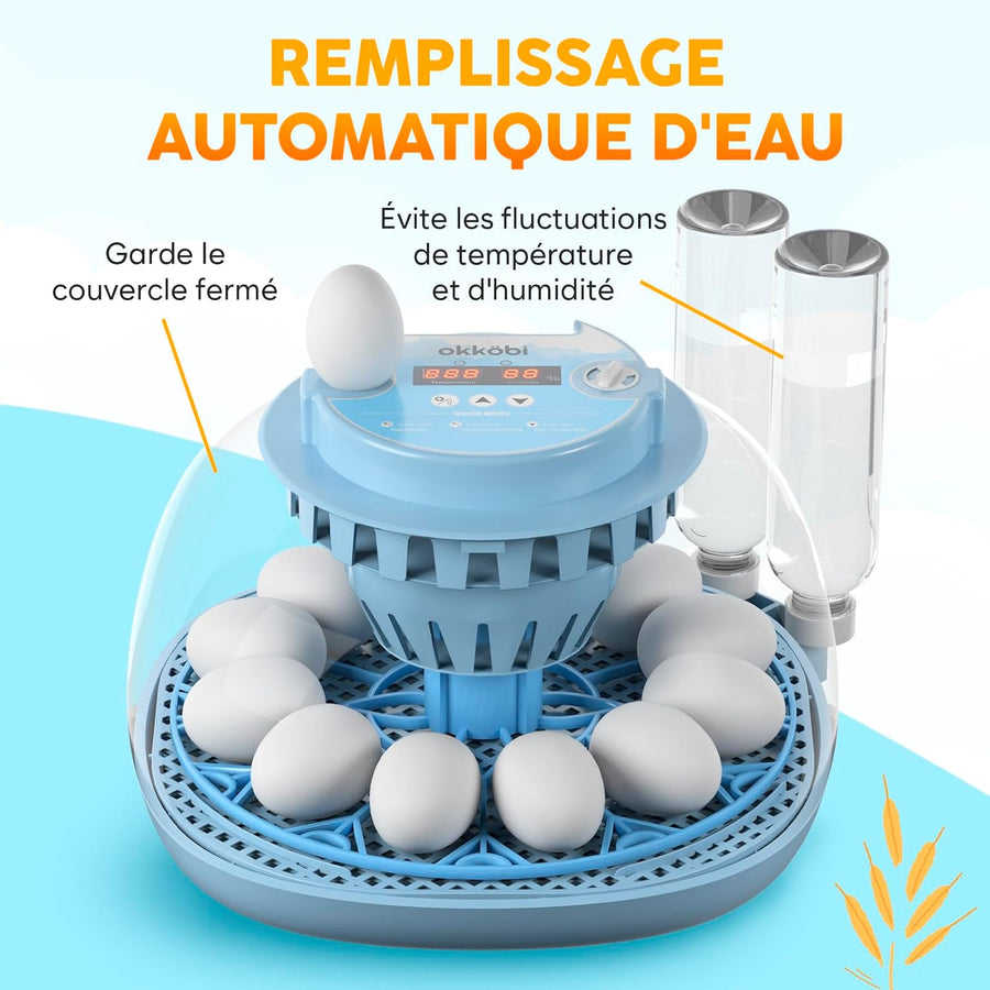 Couveuse Oeuf Automatique 12 Oeufs – Rotation automatique des oeufs + Contrôle humidité + Température réglable + Mire-œuf intégré + Incubateur Oeuf Automatique + Affichage LED