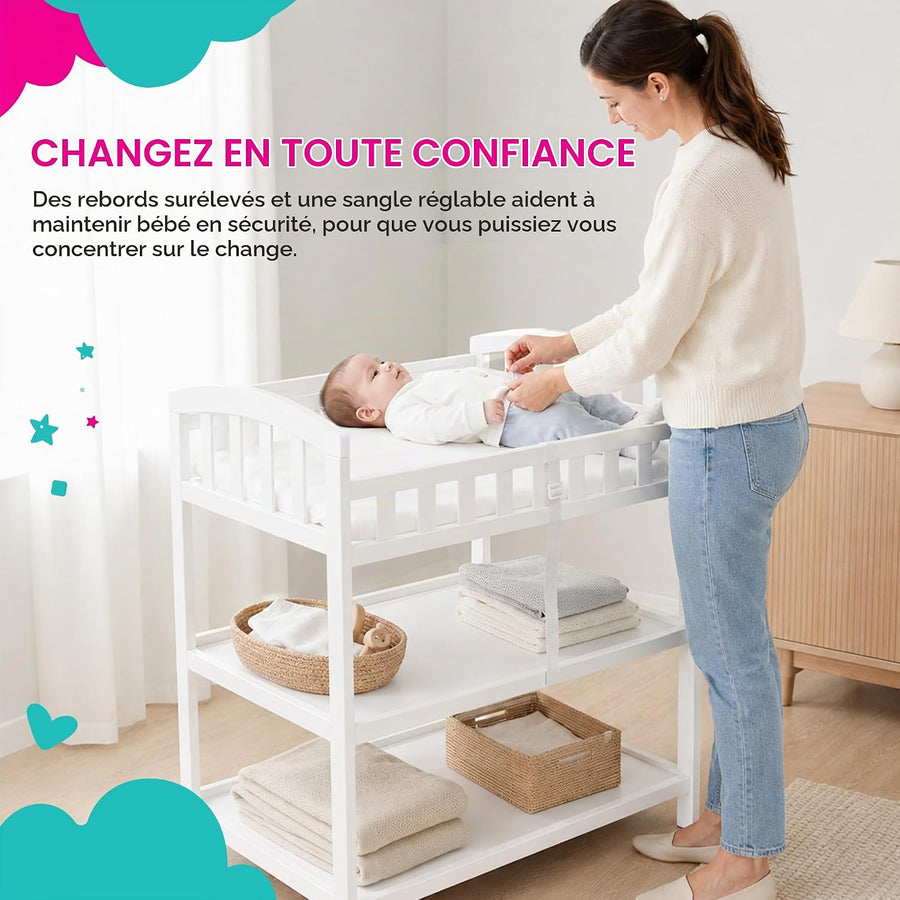 Table à Langer Bébé avec Matelas et Sangle de Sécurité Meuble a Langer avec 2 Étagères Bords Surélevés sur 4 Côtés Nouveau-né jusqu'à 12 Mois