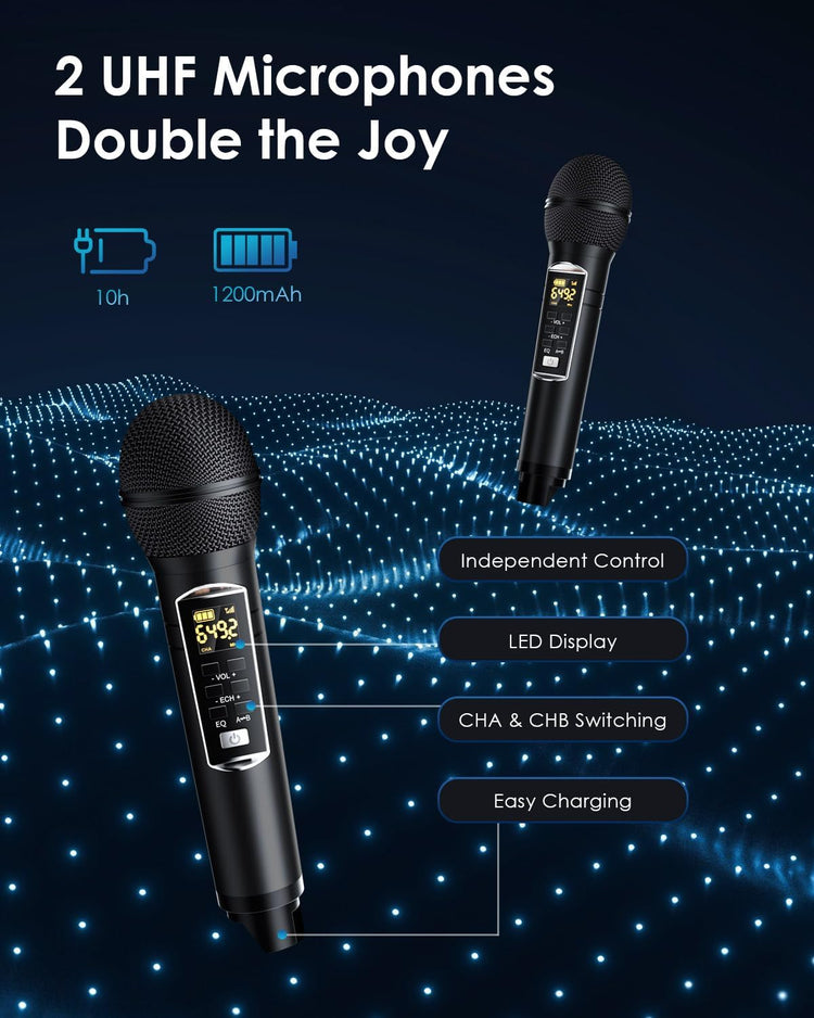 Machine Karaoké Portable Professionnel avec 2 Microphones Sans Fil UHF Support AUX/USB/TF Haut-parleur PA avec Bluetooth