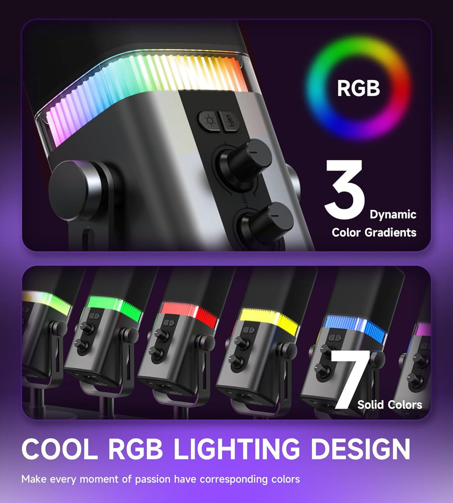 Micro Podcast Dynamique 192KHz/32bit pour PC, USB & XLR avec RGB, Pied, Muet, Tout Métal, Gain/Volume, Micro Gamer pour Livestreaming