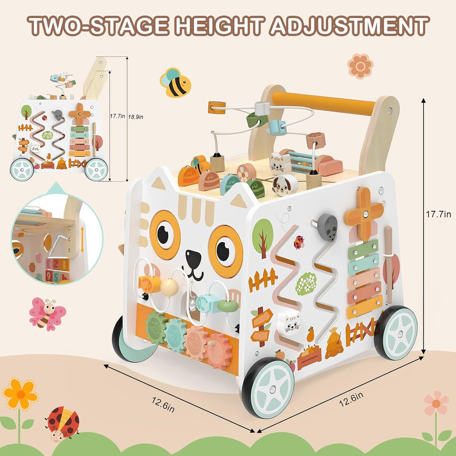 Trotteur en bois pour bébé,centre d'activités Montessori,hauteur réglable pour enfant de 1 an,cube d'activités 16 en 1 avec labyrinthe de perles,trieur de formes, xylophone,jouet d’éveil dès 12 mois