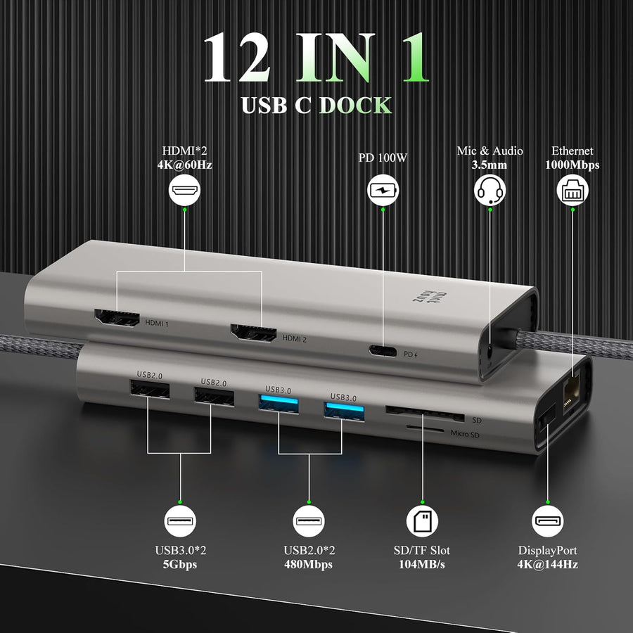 Station d'accueil USB C à Triple écran pour HP, Lenovo et Dell, Station d'accueil Minthouz 12 en 1 avec Double HDMI+DP 4K, PD 100 W, Adaptateur multiport 4*USB Ethernet/SD/TF/3,5mm