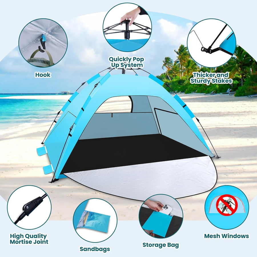 Tente de plage instantanée automatique Quick Up avec véranda extensible 3, protection UV 50+ contre le vent pour la plage, la famille, le jardin, le camping - Bleu