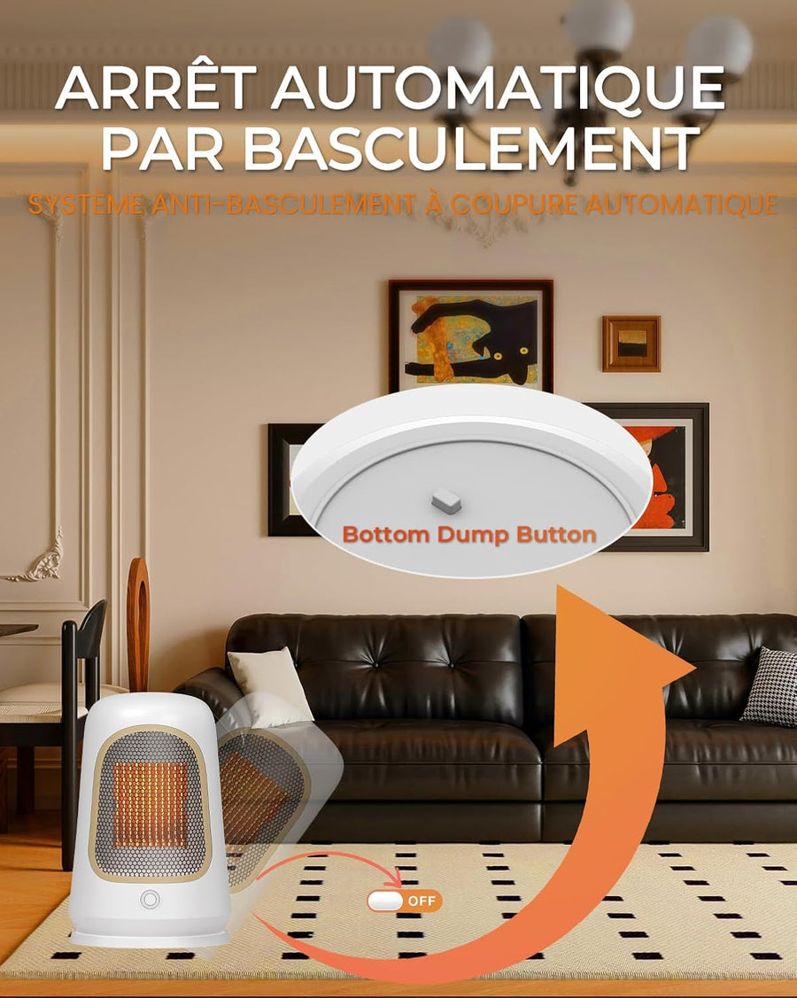 Radiateur soufflant 1500W PTC céramique chauffant, chauffage d’appoint portable - Faible consommation d’énergie, silencieux, protection anti-basculement et contre la surchauffe