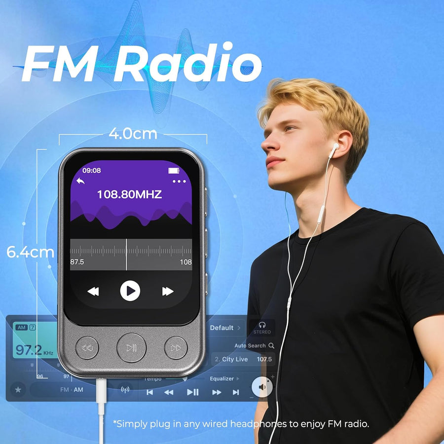 Lecteur MP3 64GB Bluetooth 5.3 avec Clip & Haut-Parleur, Lecteur de Musique Sport avec Écran Tactile et Boutons, Contrôle de Volume Indépendant, Radio FM, Extensible jusqu'à 128GB