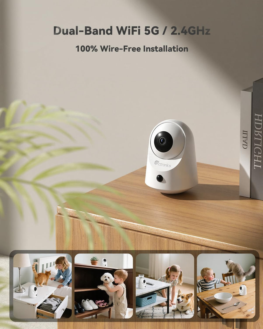 Caméra Surveillance Intérieure sans Fil Batterie, WiFi 2.4/5GHz, 2K Vision Nocturne Infrarouge 20 m, Accès PC/App, 128Go/Cloud Stockage, Détection PIR, Audio Bidirectionnel