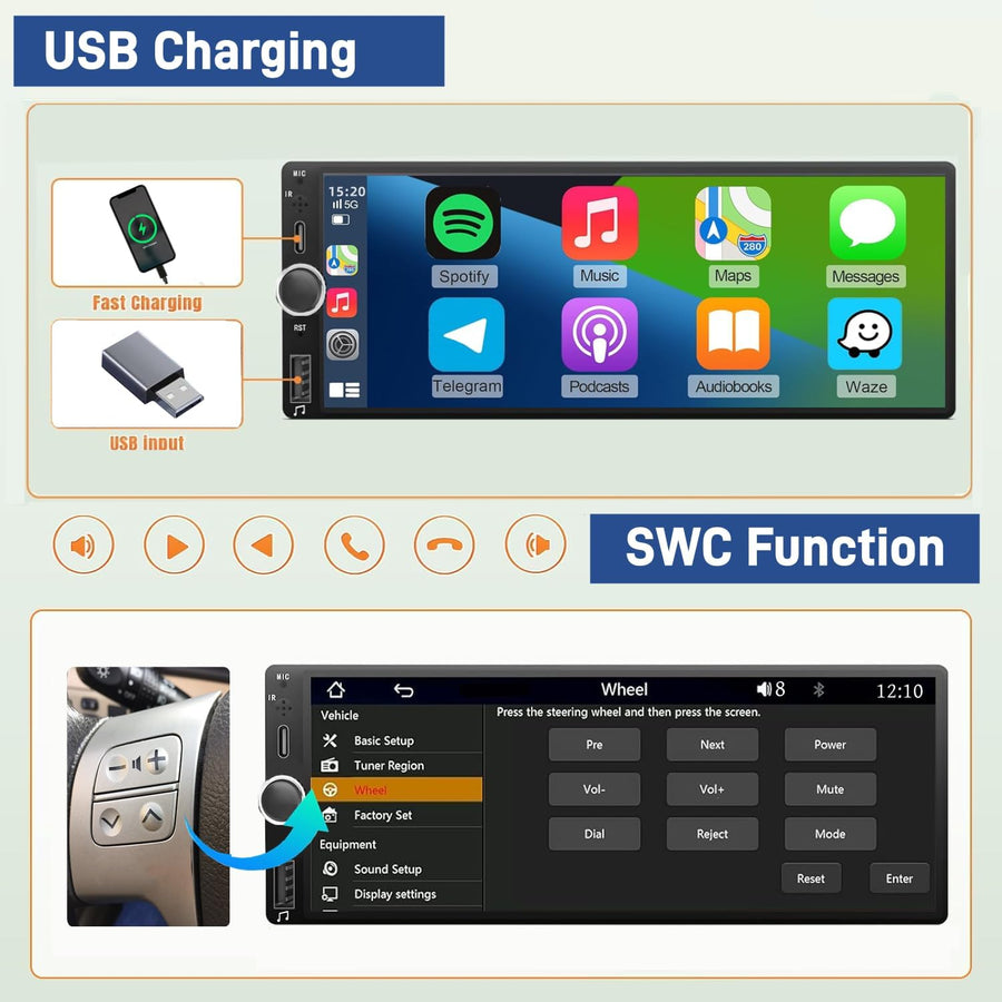 Autoradio CarPlay 1 DIN - 6.86 Pouces HD Ecran Tactile Radio Car Play sans Fil Soutien PhoneLink iOS/Android avec Caméra de Recul, RDS Radio FM/Type-C de Recharge/Mic/EQ/SWC