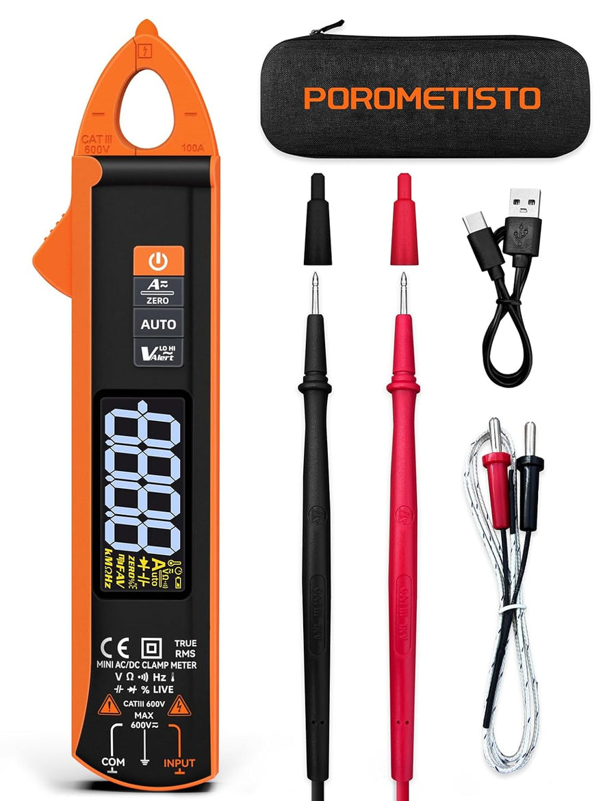 Pince multimètre POROMETISTO, multimètre AC/DC 1mA/mV haute précision 6000 points, plage 100A/600V, détection NCV, résistance, capacité (nF/µF/mF), continuité et mode auto