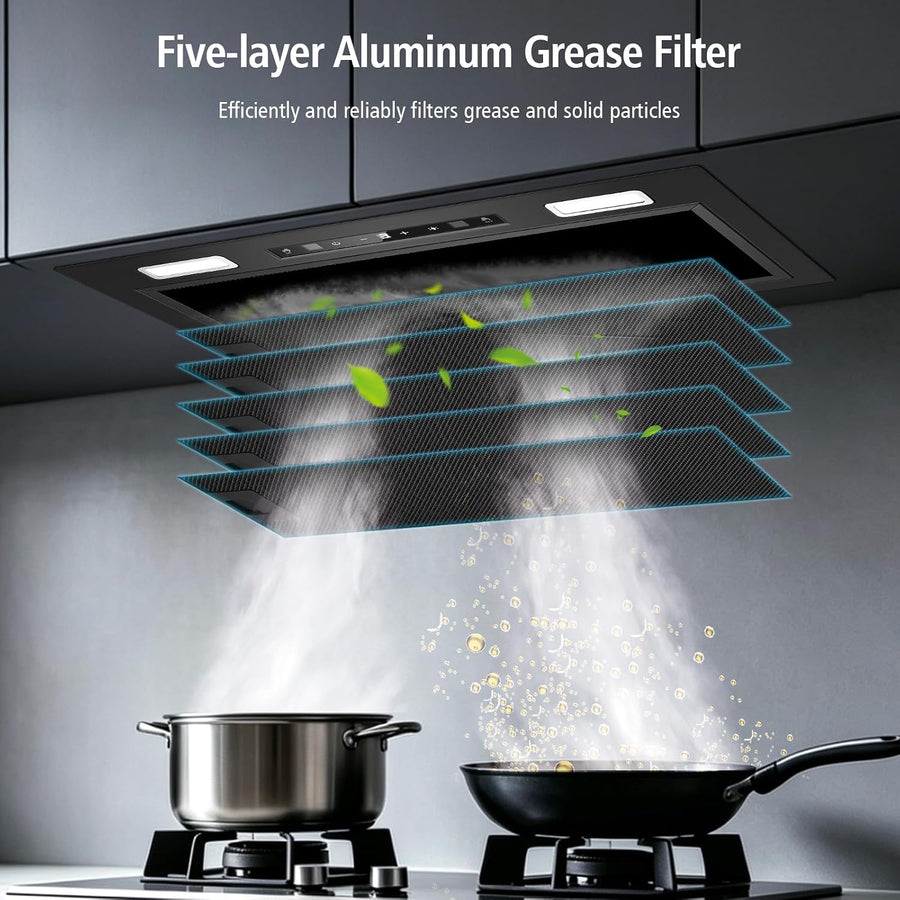 Hotte Aspirante Encastrable 52cm, A++,Commande Gestuelle,450m³/h Commande gestuelle, Tactile+Boost, Arrêt différé 5 min, A++, Moteur sans balais 55W,Filtres charbon incl., LED,Tuyau alu 2m