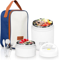 Boîte Repas Isotherme 680ml en Acier Inoxydable - Thermos Alimentaire 2 Compartiments pour Repas Chaud 12h/Froid 24h - Boîte Thermos pour Repas Chaud avec Sac, Couverts et Poche de Rangement