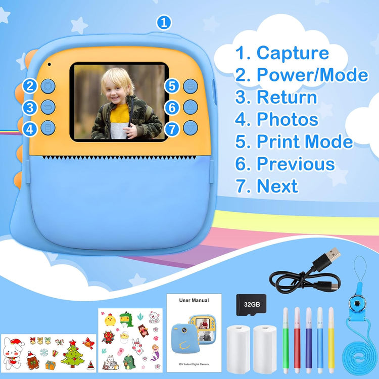 Appareil Photo Enfant Rechargeable Polaroid Ecran LCD 2.1" Vidéo HD Carte SD 32Go BLEU