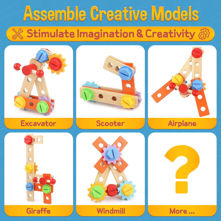 Jouet en Bois, Boite a Outils, Camion de Pompier Voiture Enfant, Montessori Jeux, 47 Pièces