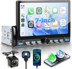 Autoradio 1 Din Touches de Piano avec Carplay Android Auto sans Fil, 7 Pouces IPS HD Écran Tactile Poste Radio Voiture Soutien Bluetooth Radio FM EQ USB/Type-C Mirror Link SWC Caméra de Recul