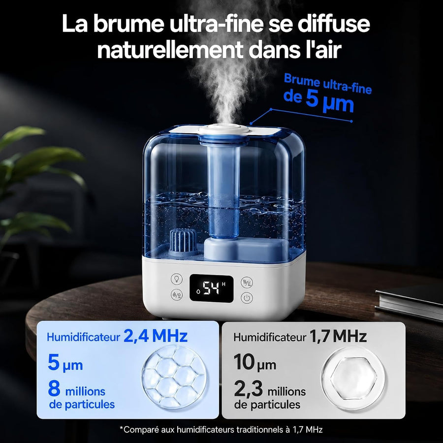 Humidificateur D'air 5L Chambre Plante, Dificateur 22dB Calme, pour 40m² mini Humidificateur d air Bebe, Minuteur 12h, Mode Sommeil, Verrouillage Enfant, Fonction Arôme, avec Hygromètre