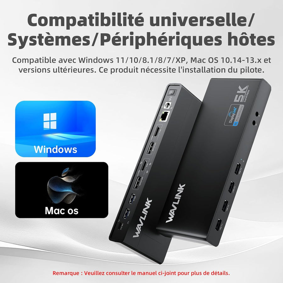 Displaylink USB C Station d'accueil Universelle avec 2 x HDMI & DP 65 W PD, Gigabit Ethernet, 6 × USB 3.0, Audio, Microphone, Compatible avec Mac OS et Windows