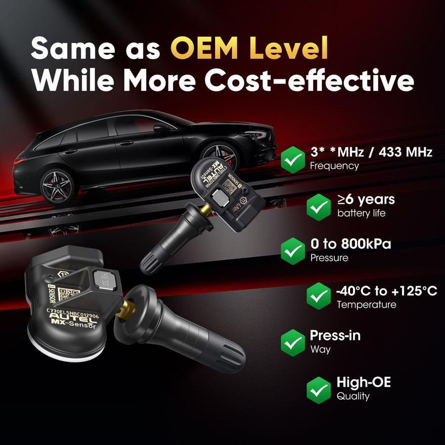 Capteur TPMS 2 en 1 MX-Sensor, capteur de surveillance de la pression des pneus à enfoncer à 1 capteur, capteur TPMS sans fil programmable et clonable de niveau OE pour tous les véhicules (valve en caoutchouc, 4 pièces)