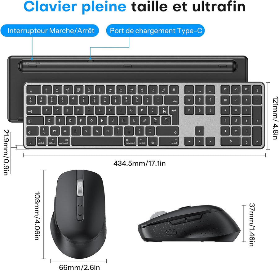 Kit Clavier et Souris Bluetooth pour Mac, Clavier et Souris sans Fil AZERTY Français Rechargeable avec 3 Canaux Bluetooth pour Apple Mac Pro/Mini, MacBook Pro/Air, iMac, iMac Pro, Gris Foncé