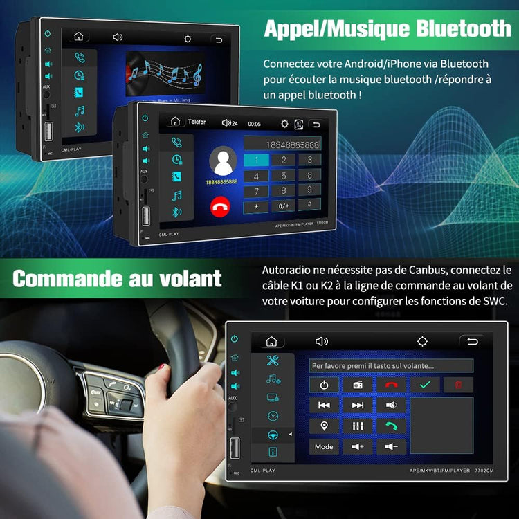 Autoradio 2DIN Android Carplay Ecran Tactile 7" Connexion Bluetooth IOS/Android Commande au Volant