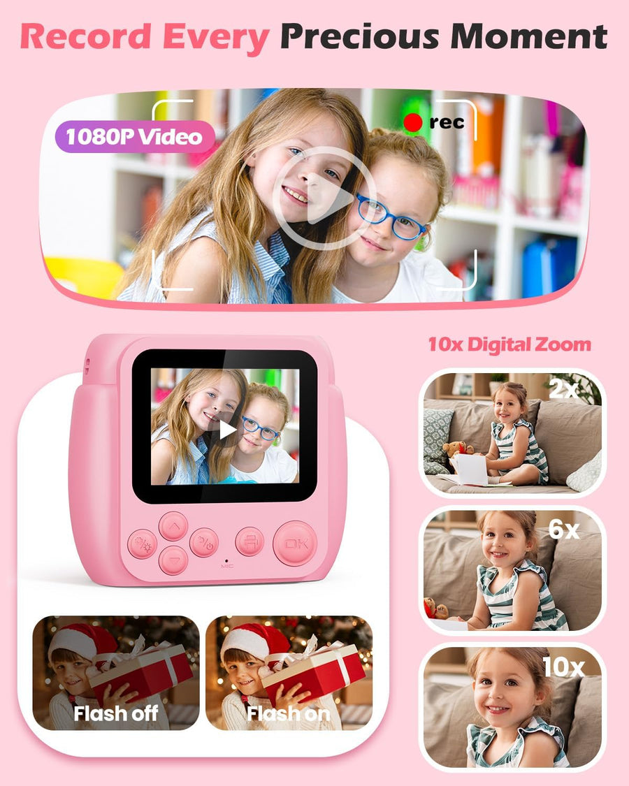 Appareil Photo Instantané Enfant – Cadeau Noël & Anniversaire pour Garçons Filles 3-10 Ans, Jouet Éducatif avec Vidéo 1080P, 20MP, 3 Rouleaux Papier & Carte Mémoire 32GB