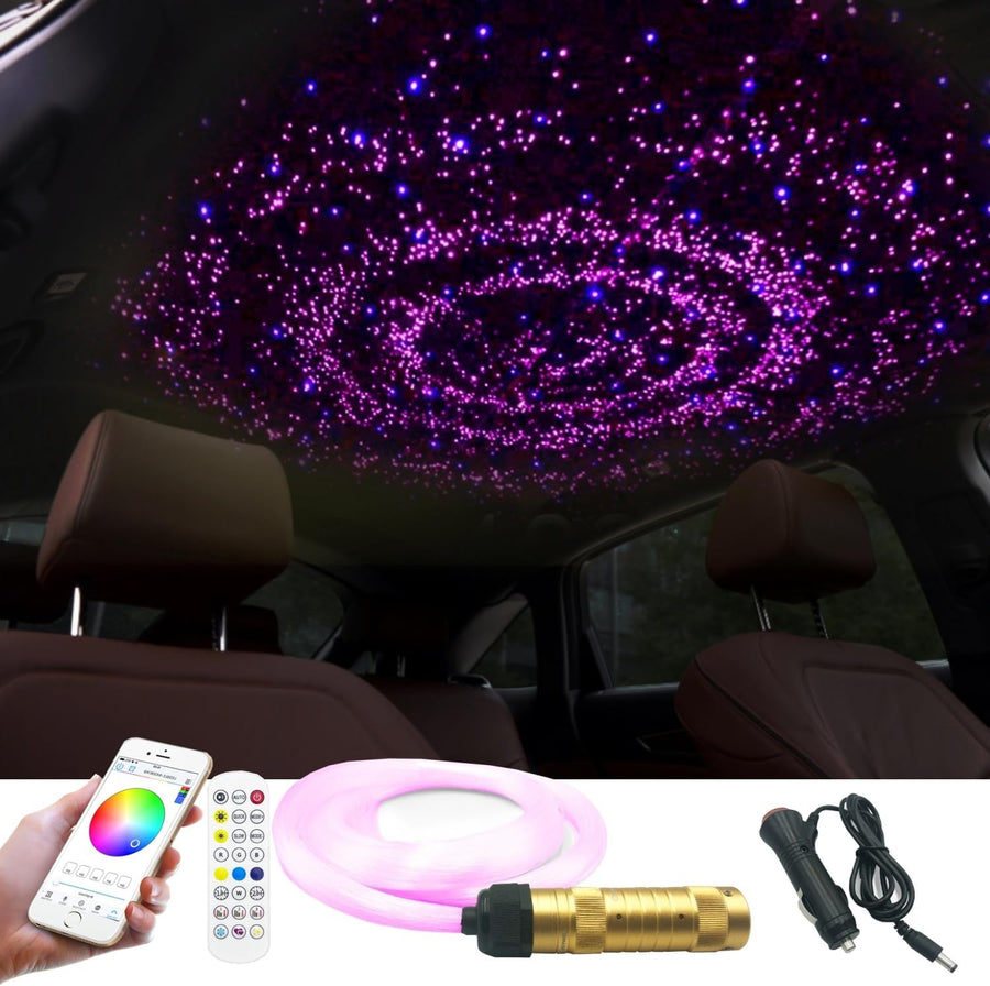 Lot de 300 lumières en fibre optique pour voiture - Câble à fibre optique de 2 m et 0,75 mm - Kit de plafonniers - Télécommande Bluetooth APP/RF - Synchronisation de la musique - Minuterie