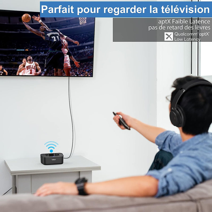Casque Bluetooth Sans Fil TV Transmetteur Socle Chargement Autonomie 50H Longue Portée NOIR