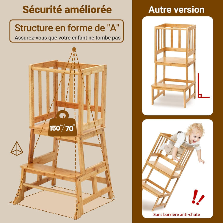 Tour Observation Enfant Montessori Certifiée FSC Sûr et Sécurisé Tour Apprentissage Bebe en Bambou - NEUF