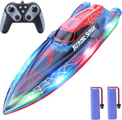 Bateau Télécommandé, RC Bateau Telecommandé Enfant 2,4 GHz avec Lumières LED, Alarme de Batterie Faible, Piscines et Lacs Jouet Aquatique d'été