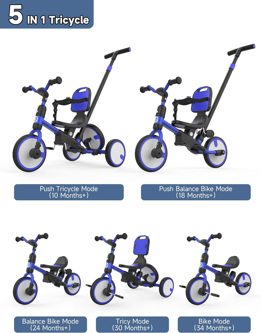 Tricycle pour Tout-Petits de 1 à 3 Ans, avec Roue de Secours, Tricycle Multifonctionnel pour Enfants avec Barre de poussée, Dossier et Ceinture de sécurité