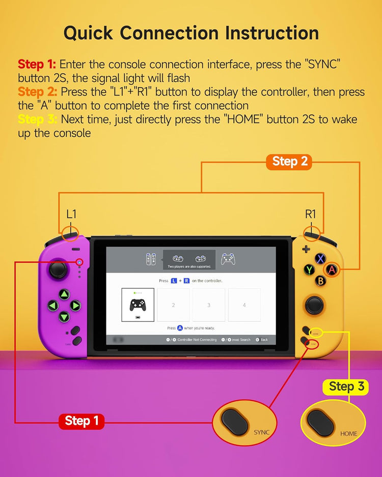 Manette Switch Poignée Étendu Joy-Cons Sans Fil Contrôleur Manette L/R VIOLET/JAUNE