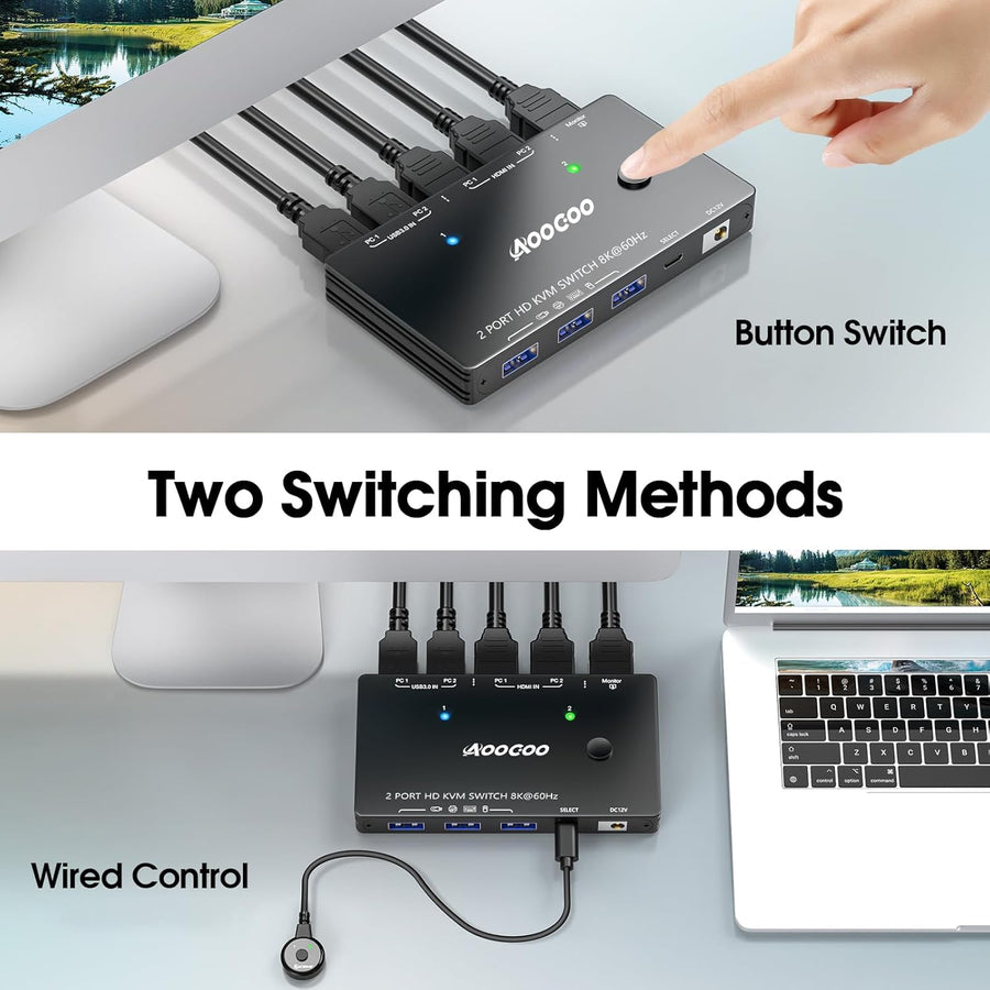 Commutateur KVM HDMI 2 PC 1 moniteur 8K à 60 Hz/4K à 120 Hz Commutateurs KVM télécommande filaire Câble USB 3.0 inclus