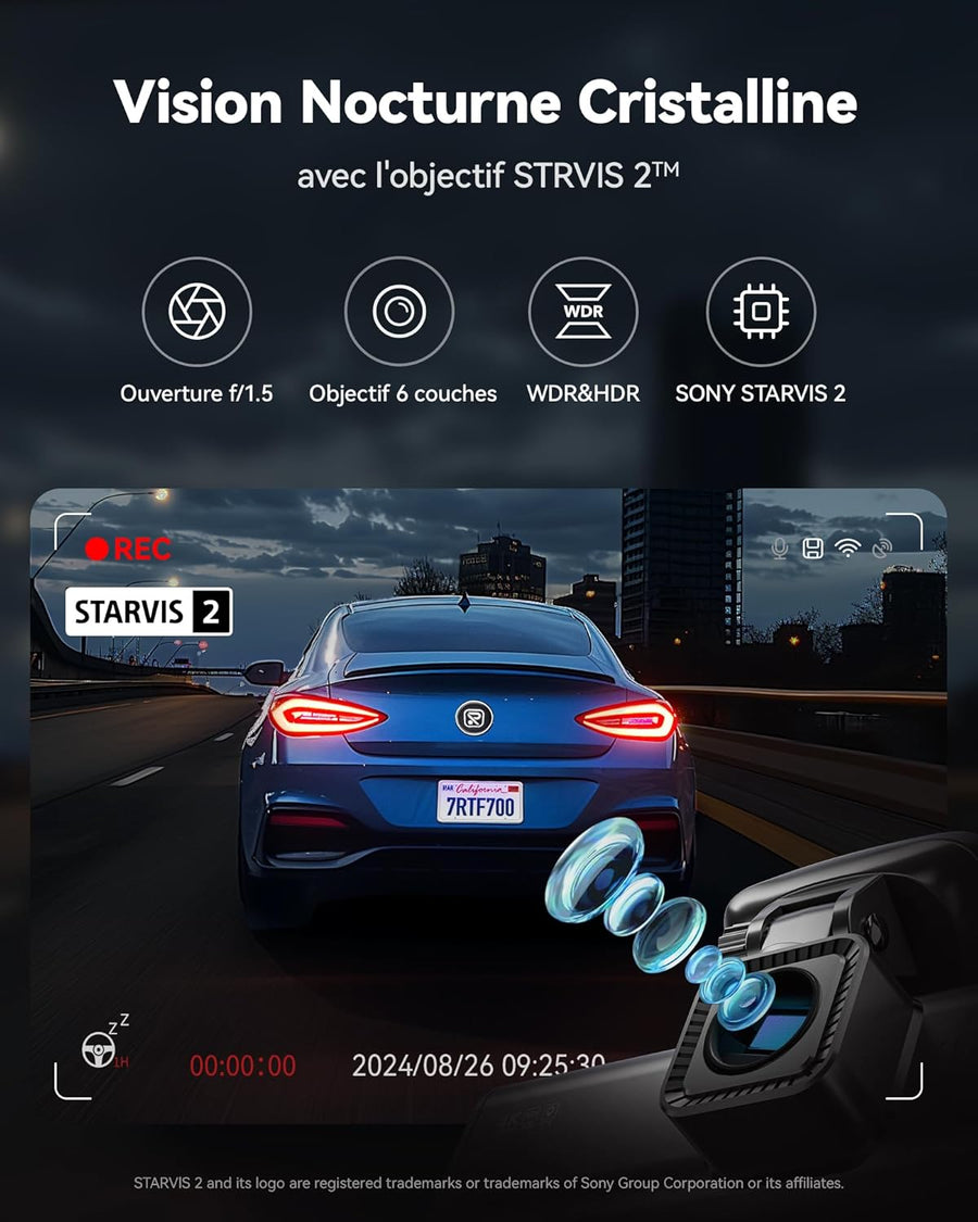 Dashcam Voiture Avant Arriere, STARVIS 2 Sensor with 64GB Card,4K/2.5K+1080P Dual Camera Voiture Built-in WiFi,GPS, 3.18" IPS, 170° Wide-Angle,24/7 Parking Surveillance, Loop Recording,WDR
