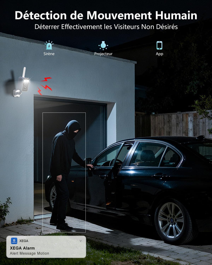 Caméra de Surveillance 4G LTE avec Carte SIM 10000mAh Batterie – Portable sans Fil Extérieur Intérieur Vision Nocturne en Couleur Projecteur Sirène APP Instantanées Alertes Étanche【sans WiFi】