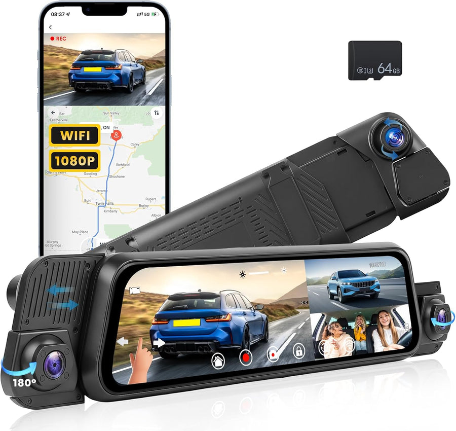Dashcam Rétroviseur 4 Canaux 1080P, IPS Tactile 9,7 Pouces Trois Vues 720P, WiFi, Streaming, Aide au Recul, Enregistrement en Boucle et Carte 64 Go pour Conduite Quotidienne