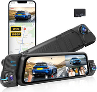 Dashcam Rétroviseur 4 Canaux 1080P, IPS Tactile 9,7 Pouces Trois Vues 720P, WiFi, Streaming, Aide au Recul, Enregistrement en Boucle et Carte 64 Go pour Conduite Quotidienne