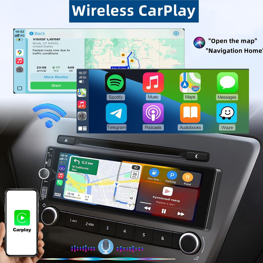 Autoradio CarPlay 1 DIN - 6.86 Pouces HD Ecran Tactile Radio Car Play sans Fil Soutien PhoneLink iOS/Android avec Caméra de Recul, RDS Radio FM/Type-C de Recharge/Mic/EQ/SWC