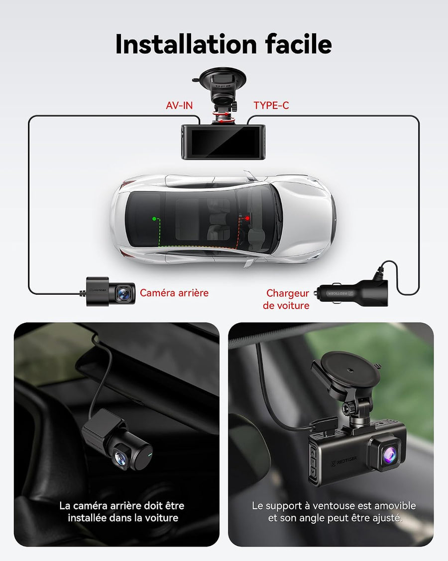 REDTIGER F7N Touch 4K STARVIS 2 Caméra de tableau de bord de voiture avant Caméra embarquée de voiture 5,8 GHz WiFi, écran tactile 3,18", GPS, vision nocturne UHD 2160p, verrouillage d'urgence