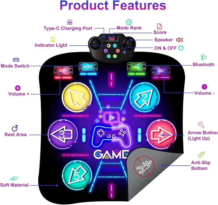 Jeux Tapis de Danse Enfant Modes et Volume Réglable Taille 90x80cm Connexion Bluetooth NOIR