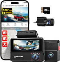 REDTIGER 530° Dashcam Voiture 3 Canaux,Caméra pour Voiture 2,5K+2,5K+1080P avec Carte 128 Go, Vision Nocturne IR, Écran Tactile, Dashcam pour Avant,Inclus WiFi GPS, Mode Parking 24H