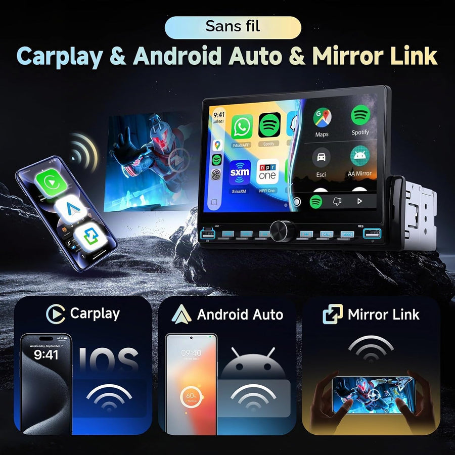 Ecran Carplay sans Fil Autoradio 1Din avec Android Auto, Écran Tactile 7 Pouces Poste Radio Voiture 1 Din Bluetooth, Lien Miroir, FM Type-C/USB/AUX, MP5 Lecteur Vidéo en Ligne avec Caméra Recul