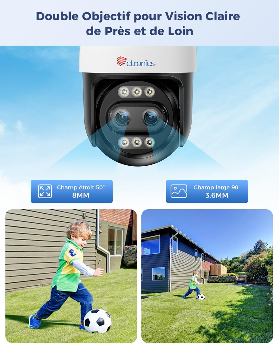 Ctronics [Zoom Hybride 10X 4K Caméra de Surveillance Extérieure, Double Objectif, Métal IP Camera 2.4/5GHz WiFi, Suivi Auto/Détection Hum/Véh/ANI, 256GB TF/Cloud/PC, Vision Nocturne Color, IP66